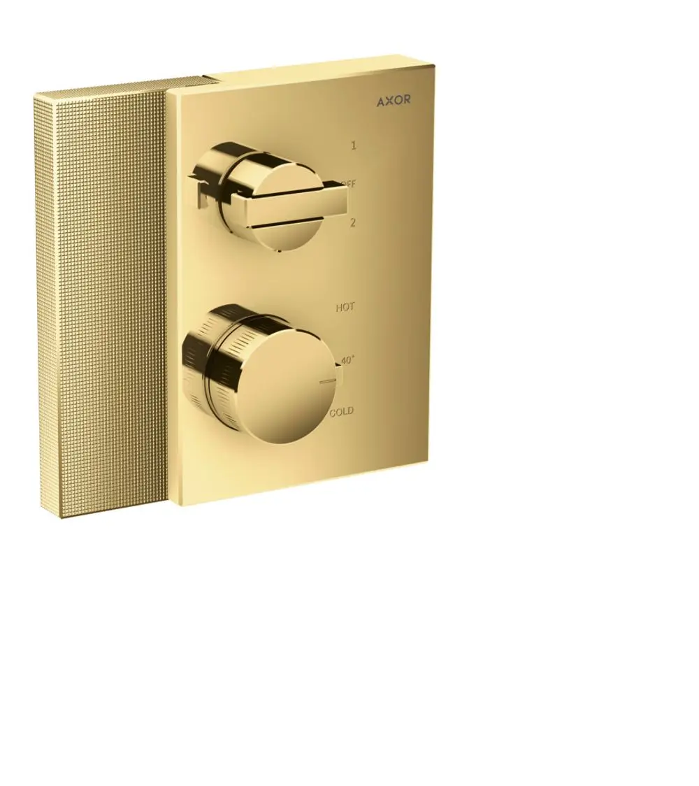 Thermostat von AXOR in Polished Gold Optik mit zwei Drehreglern für Temperatur und Wasserzufuhr, kombiniert mit Ab- und Umstellventil.